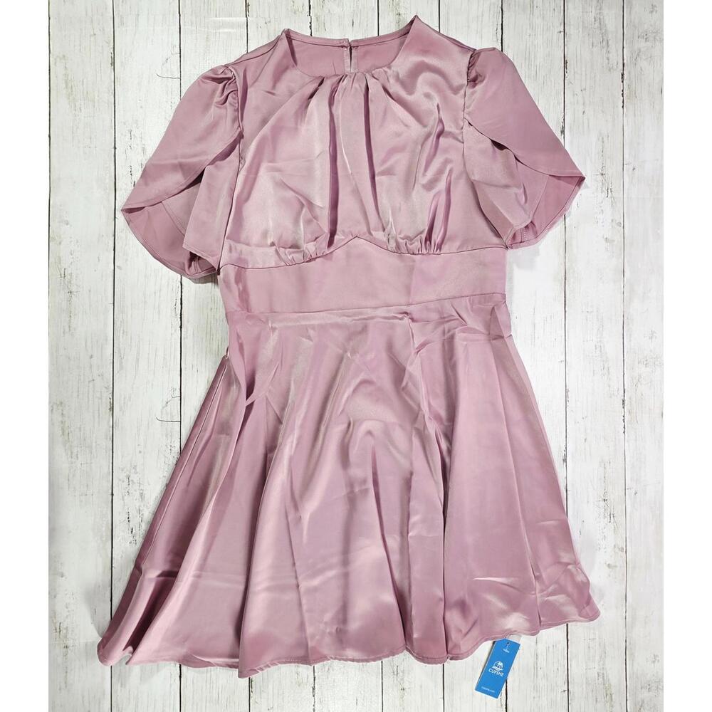 NWT Cupshe Pink Satin Short Sleeve Dress with Flared Skirt Sz L